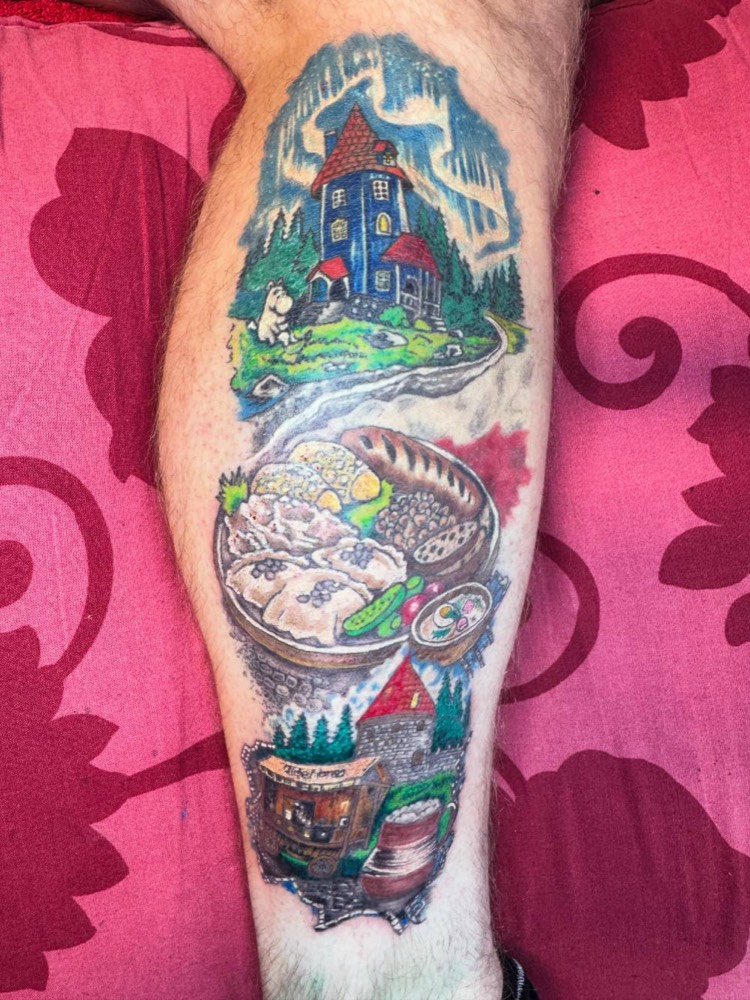 Colour leg piece with a house, a bowl of food and a train